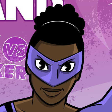 Close-up of a confident superhero character with an afro hairstyle, wearing a purple mask and costume, showcasing a determined expression against a vibrant pink background.